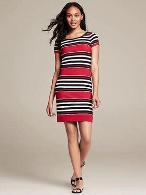 Banana Republic Striped Short-Sleeve Sheath Dress in Red, Black & White Stripes